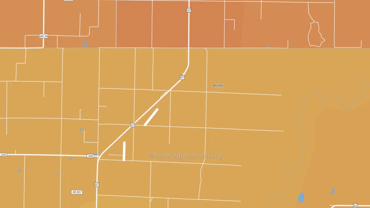 Map of the best neighborhoods in the Moark area, with better matches in green and worse matches in red