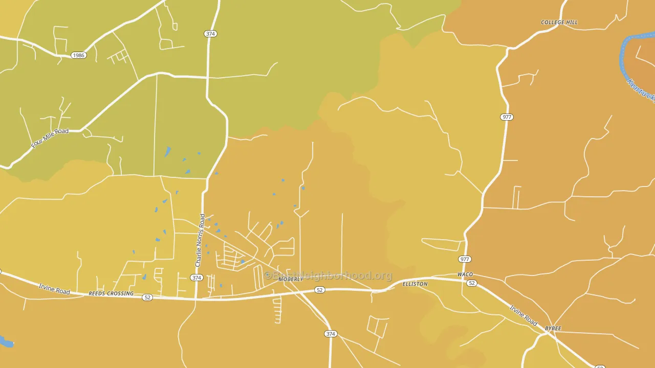 Map of the best neighborhoods in the Moberly area, with better matches in green and worse matches in red