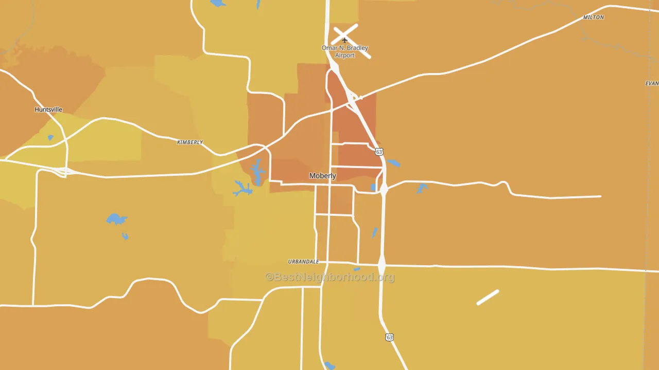 Map of the best neighborhoods in the Moberly area, with better matches in green and worse matches in red