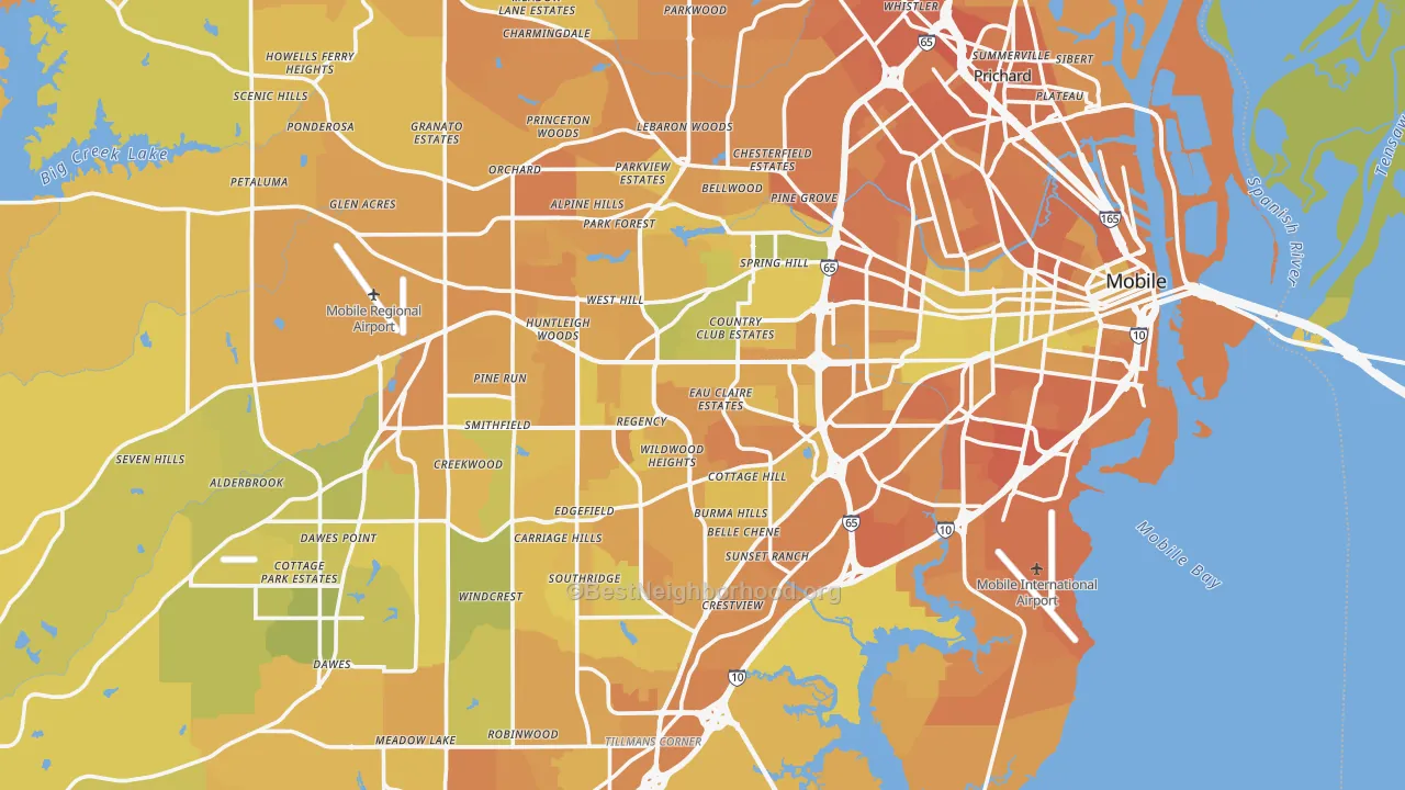 Map of the best neighborhoods in the Mobile Metro area, with better matches in green and worse matches in red