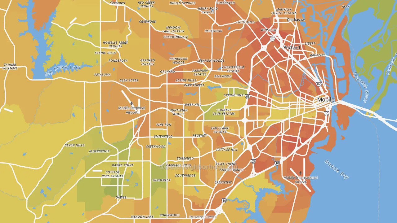 Map of the best neighborhoods in the Mobile County area, with better matches in green and worse matches in red