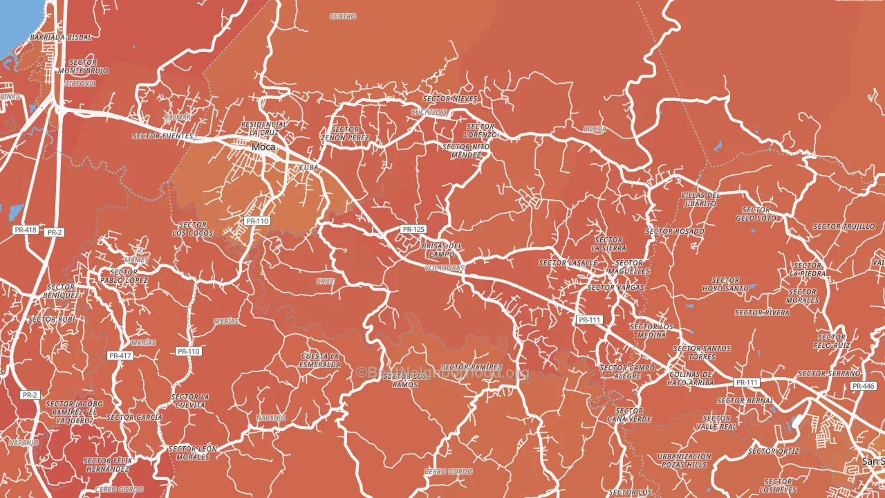 Map of the best neighborhoods in the Moca area, with better matches in green and worse matches in red