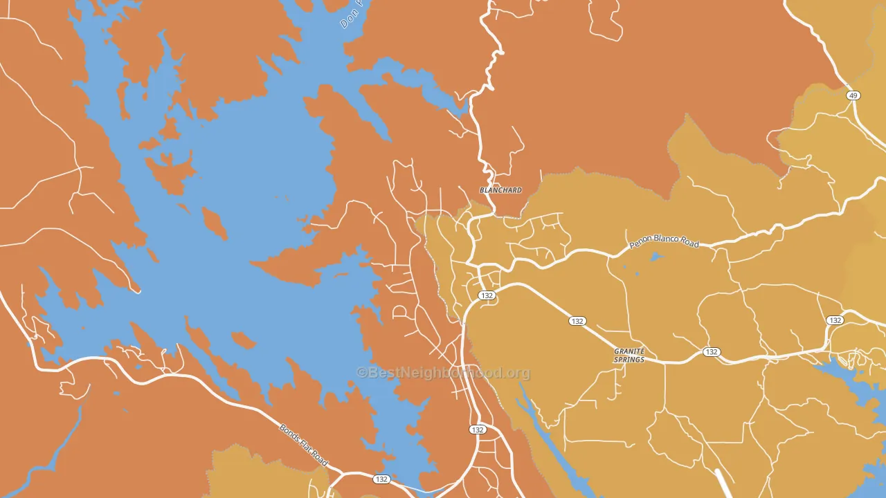 Map of the best neighborhoods in the Moccasin area, with better matches in green and worse matches in red
