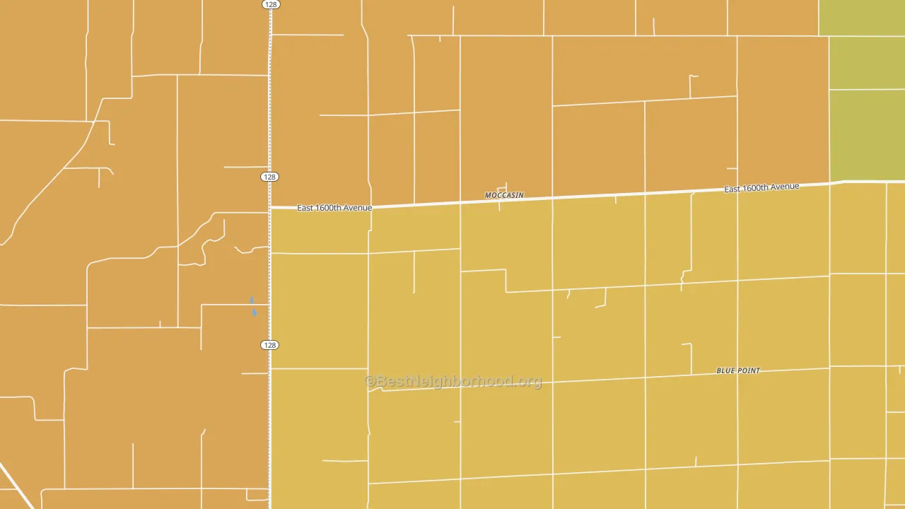 Map of the best neighborhoods in the Moccasin area, with better matches in green and worse matches in red