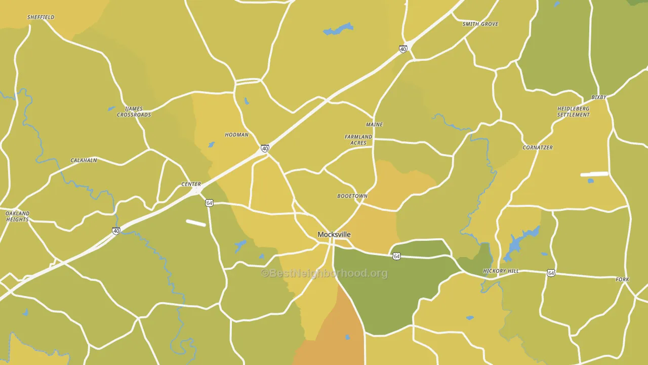 Map of the best neighborhoods in the Mocksville area, with better matches in green and worse matches in red