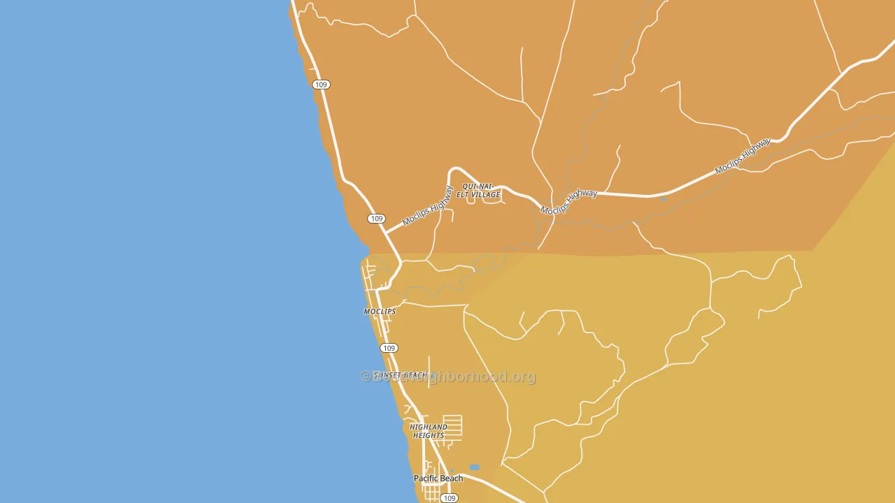 Map of the best neighborhoods in the Moclips area, with better matches in green and worse matches in red