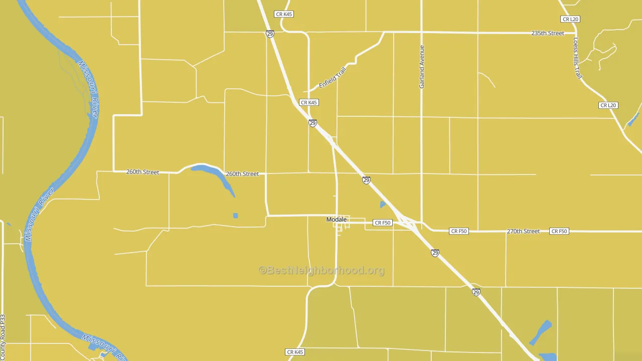 Map of the best neighborhoods in the Modale area, with better matches in green and worse matches in red