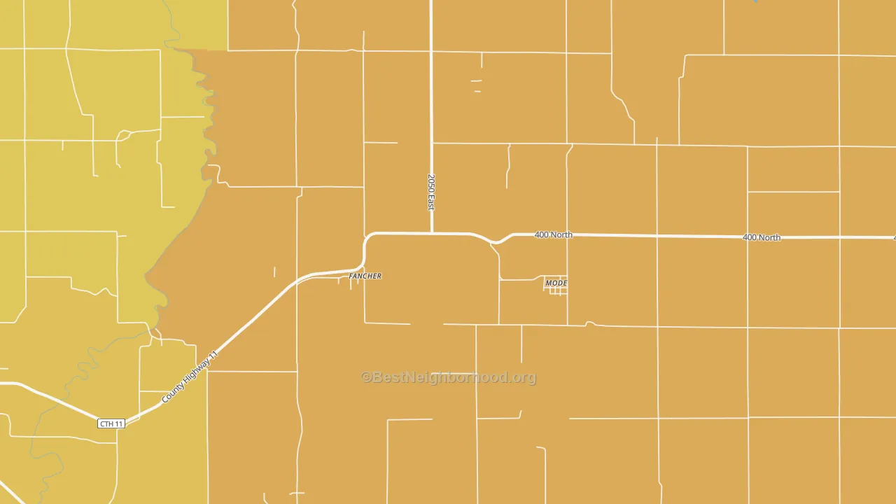 Map of the best neighborhoods in the Mode area, with better matches in green and worse matches in red