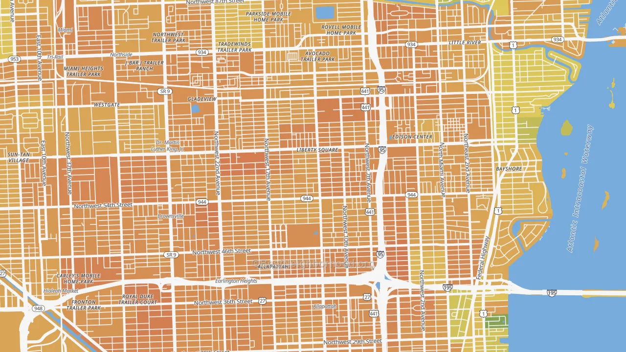 Map of the best neighborhoods in the Model City, Miami area, with better matches in green and worse matches in red
