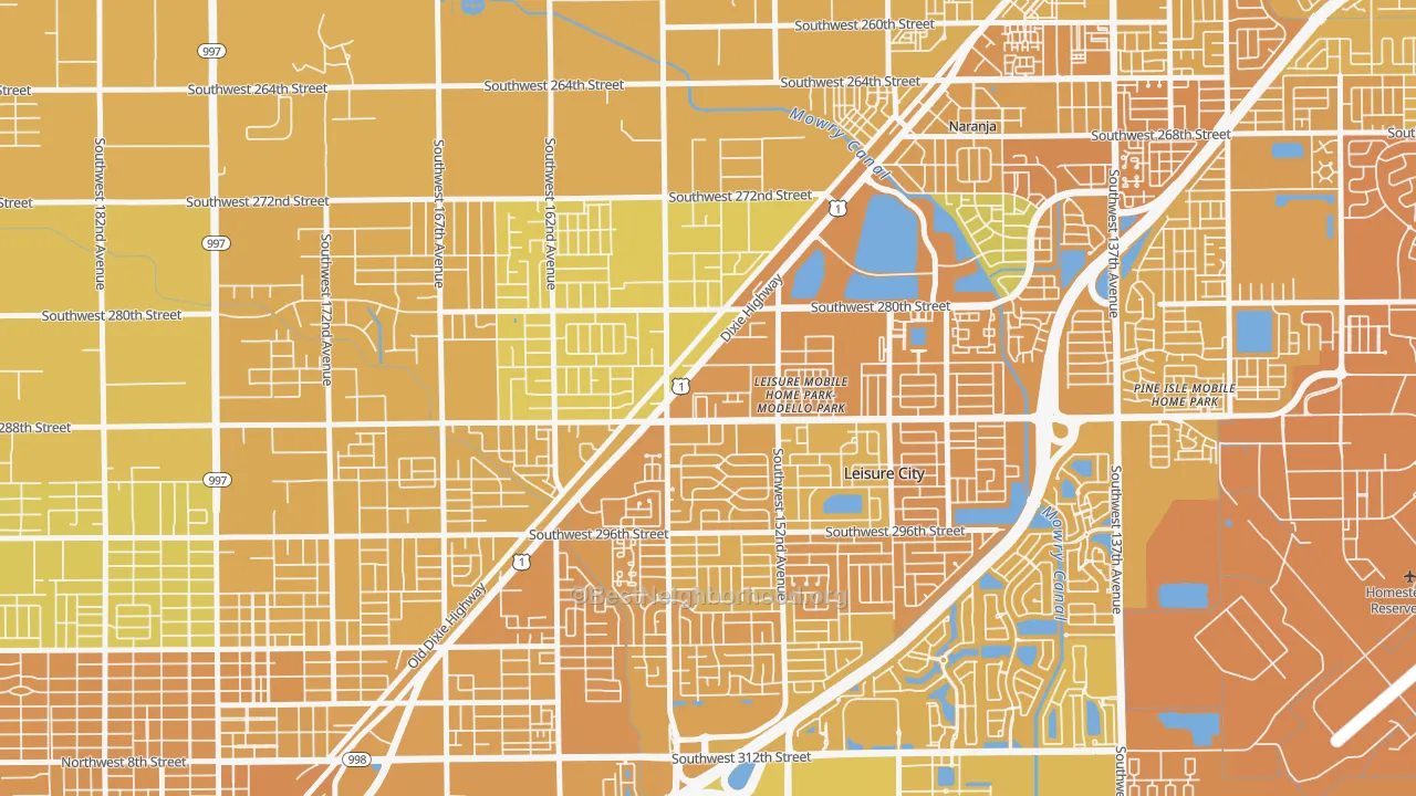 Map of the best neighborhoods in the Modello, Leisure City area, with better matches in green and worse matches in red