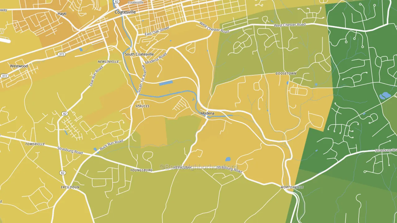 Map of the best neighborhoods in the Modena area, with better matches in green and worse matches in red
