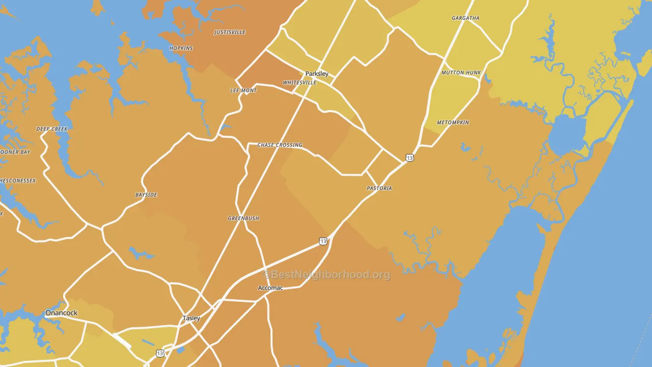 Map of the best neighborhoods in the Modest Town area, with better matches in green and worse matches in red