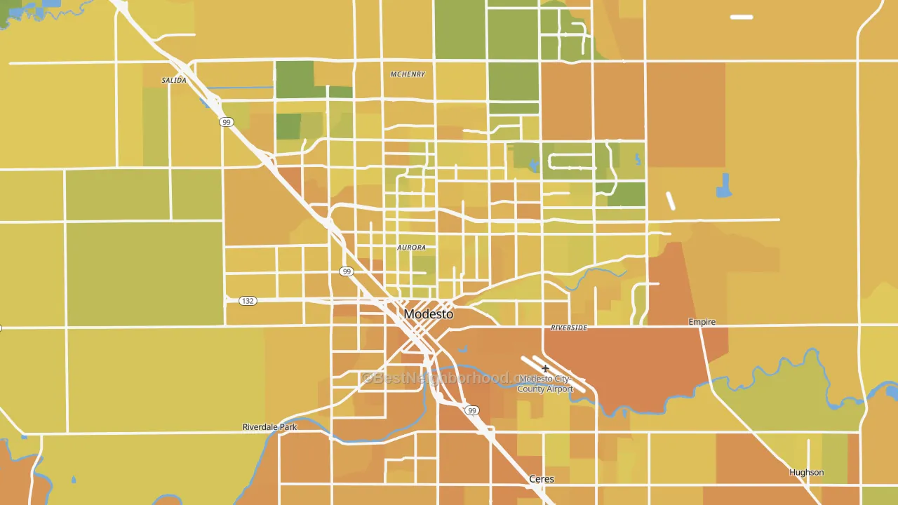 Map of the best neighborhoods in the Modesto Metro area, with better matches in green and worse matches in red