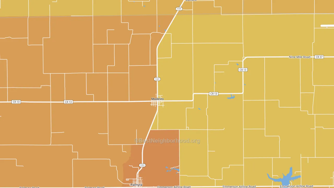 Map of the best neighborhoods in the Modesto area, with better matches in green and worse matches in red