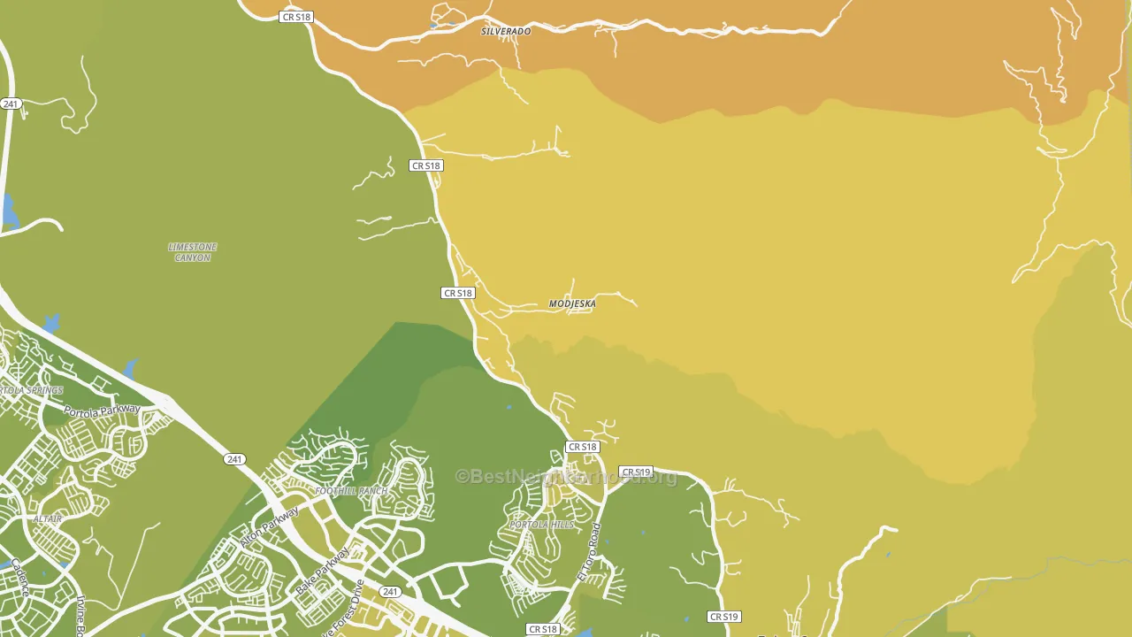 Map of the best neighborhoods in the Modjeska area, with better matches in green and worse matches in red