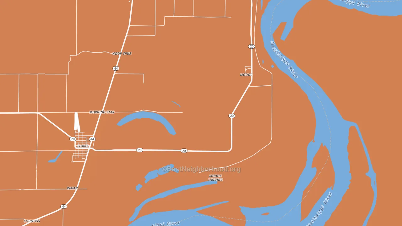 Map of the best neighborhoods in the Modoc area, with better matches in green and worse matches in red