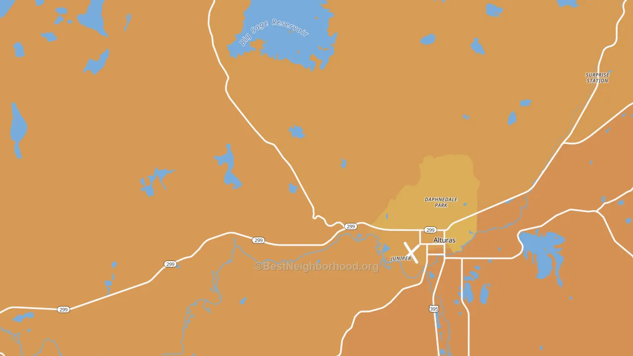 Map of the best neighborhoods in the Modoc County area, with better matches in green and worse matches in red