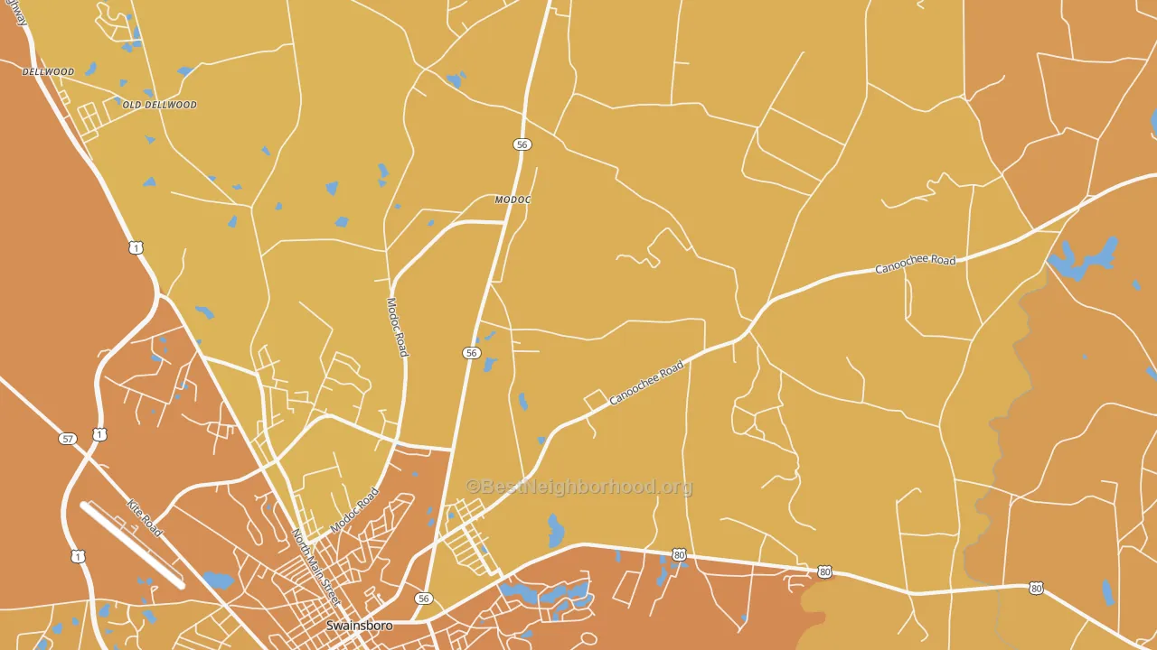Map of the best neighborhoods in the Modoc area, with better matches in green and worse matches in red