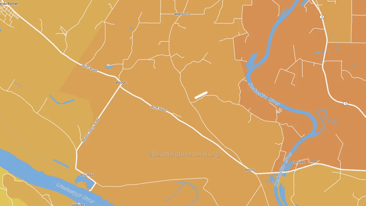 Map of the best neighborhoods in the Modoc area, with better matches in green and worse matches in red