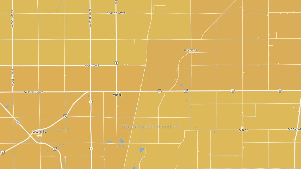 Map of the best neighborhoods in the Modoc area, with better matches in green and worse matches in red