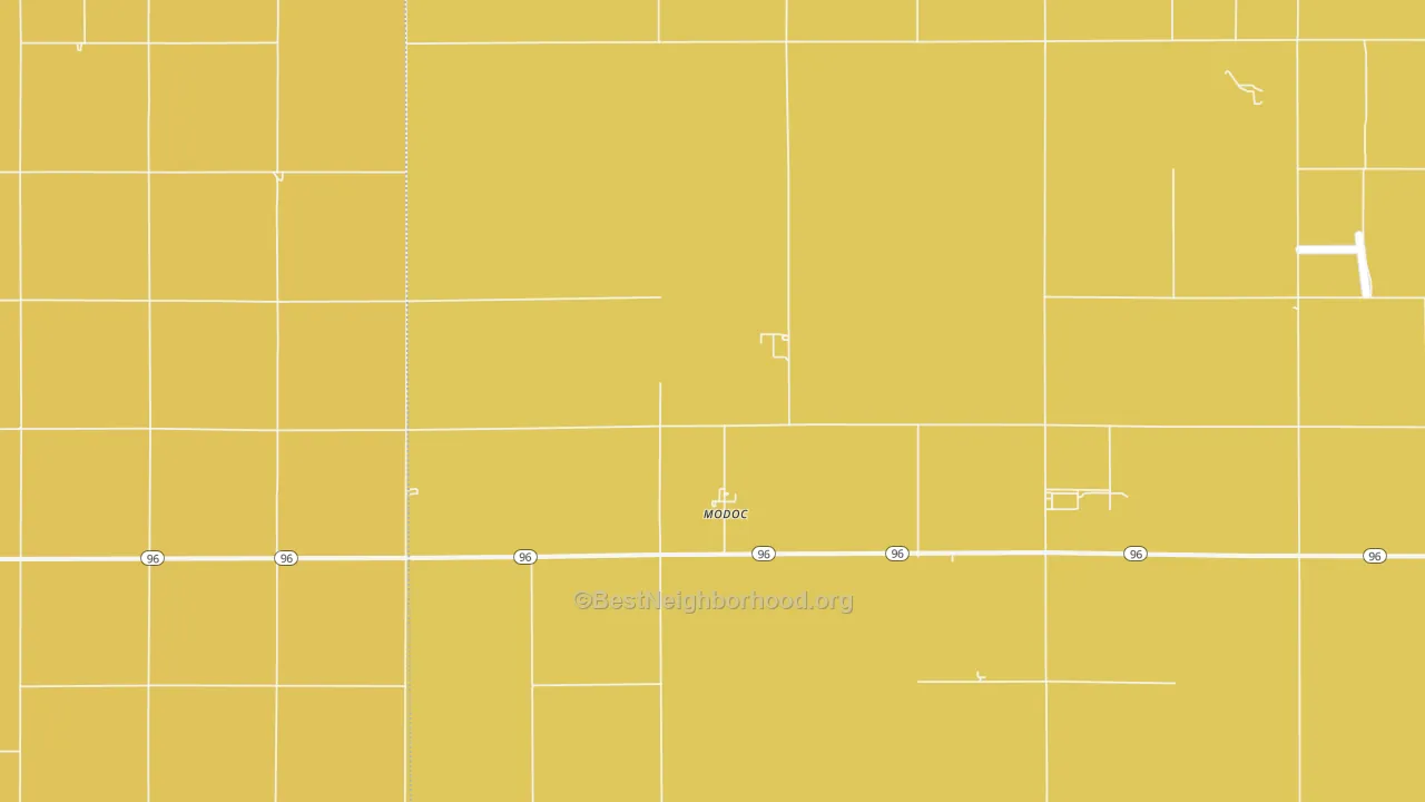 Map of the best neighborhoods in the Modoc area, with better matches in green and worse matches in red