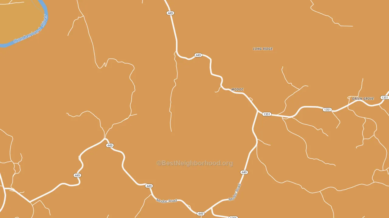 Map of the best neighborhoods in the Modoc area, with better matches in green and worse matches in red