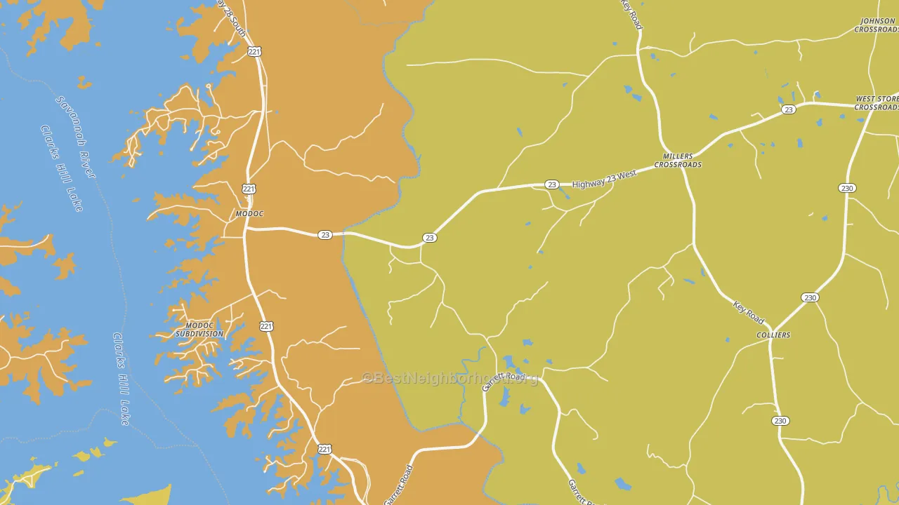 Map of the best neighborhoods in the Modoc area, with better matches in green and worse matches in red
