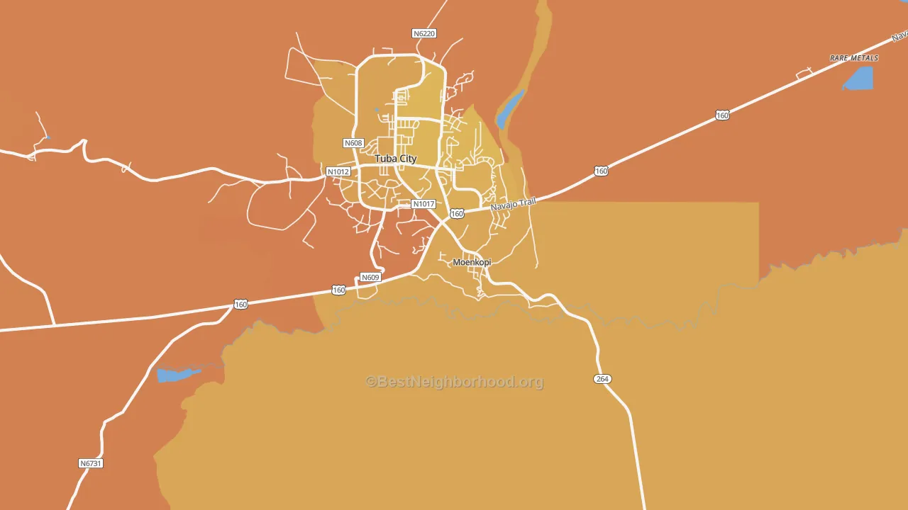 Map of the best neighborhoods in the Moenkopi area, with better matches in green and worse matches in red