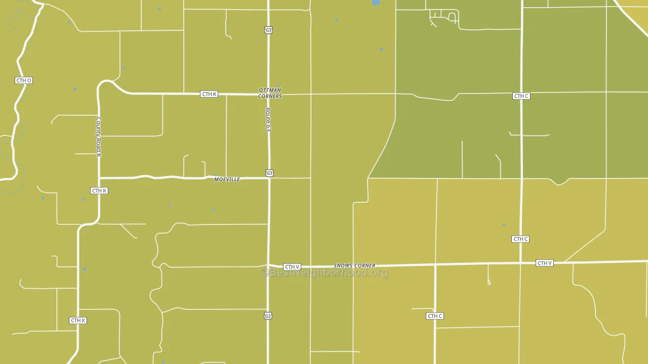 Map of the best neighborhoods in the Moeville area, with better matches in green and worse matches in red