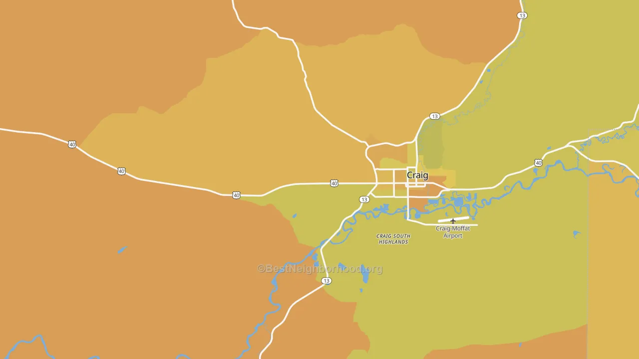 Map of the best neighborhoods in the Moffat County area, with better matches in green and worse matches in red