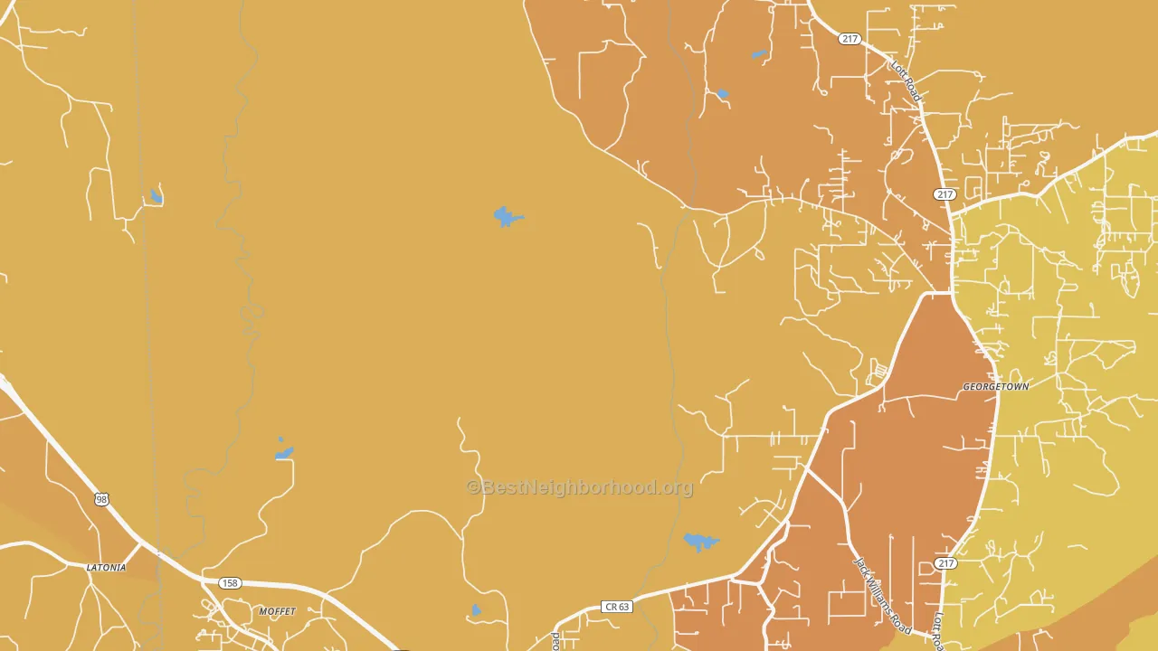 Map of the best neighborhoods in the Moffet area, with better matches in green and worse matches in red