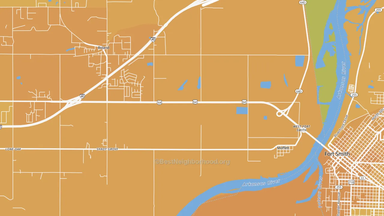 Map of the best neighborhoods in the Moffett area, with better matches in green and worse matches in red