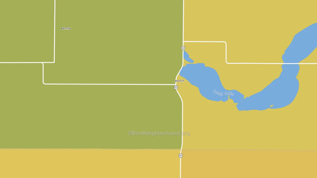 Map of the best neighborhoods in the Moffit area, with better matches in green and worse matches in red