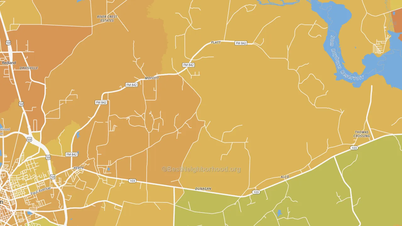 Map of the best neighborhoods in the Moffitt area, with better matches in green and worse matches in red