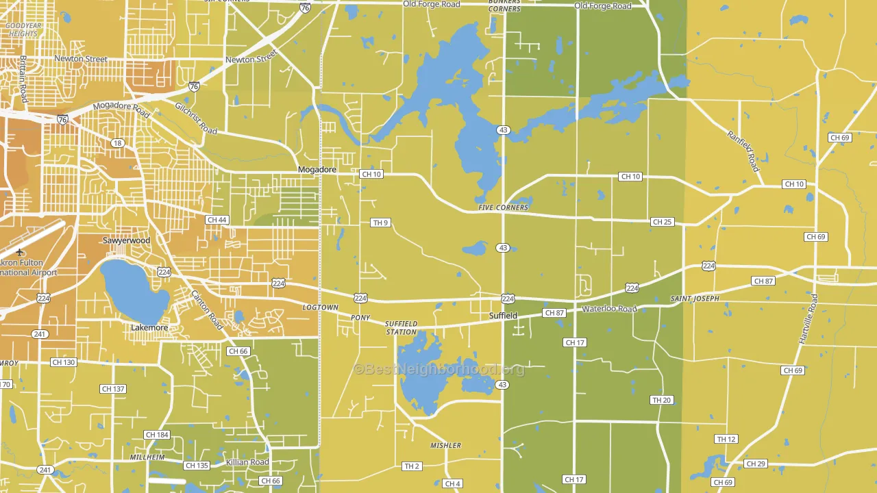 Map of the best neighborhoods in the Mogadore area, with better matches in green and worse matches in red