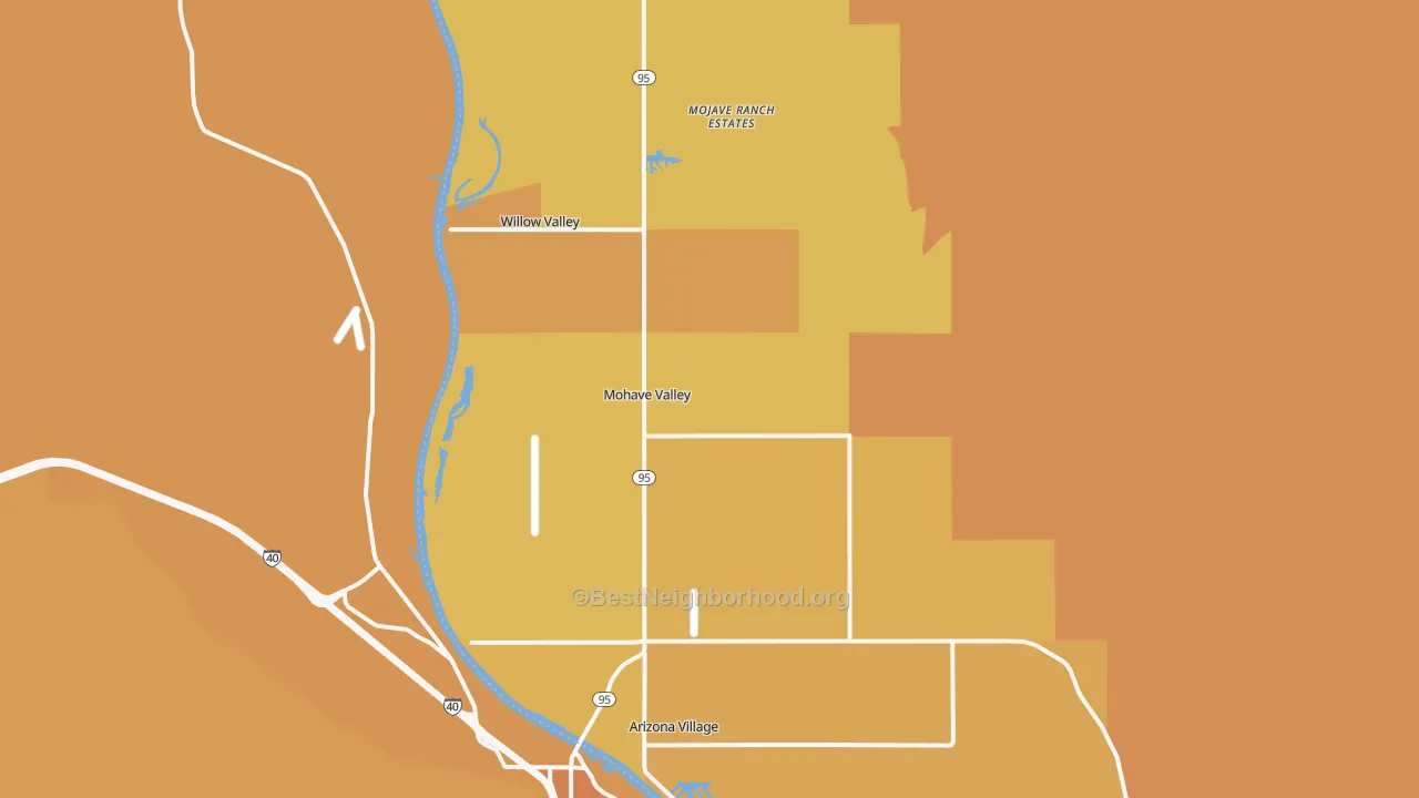 Map of the best neighborhoods in the Mohave Valley area, with better matches in green and worse matches in red