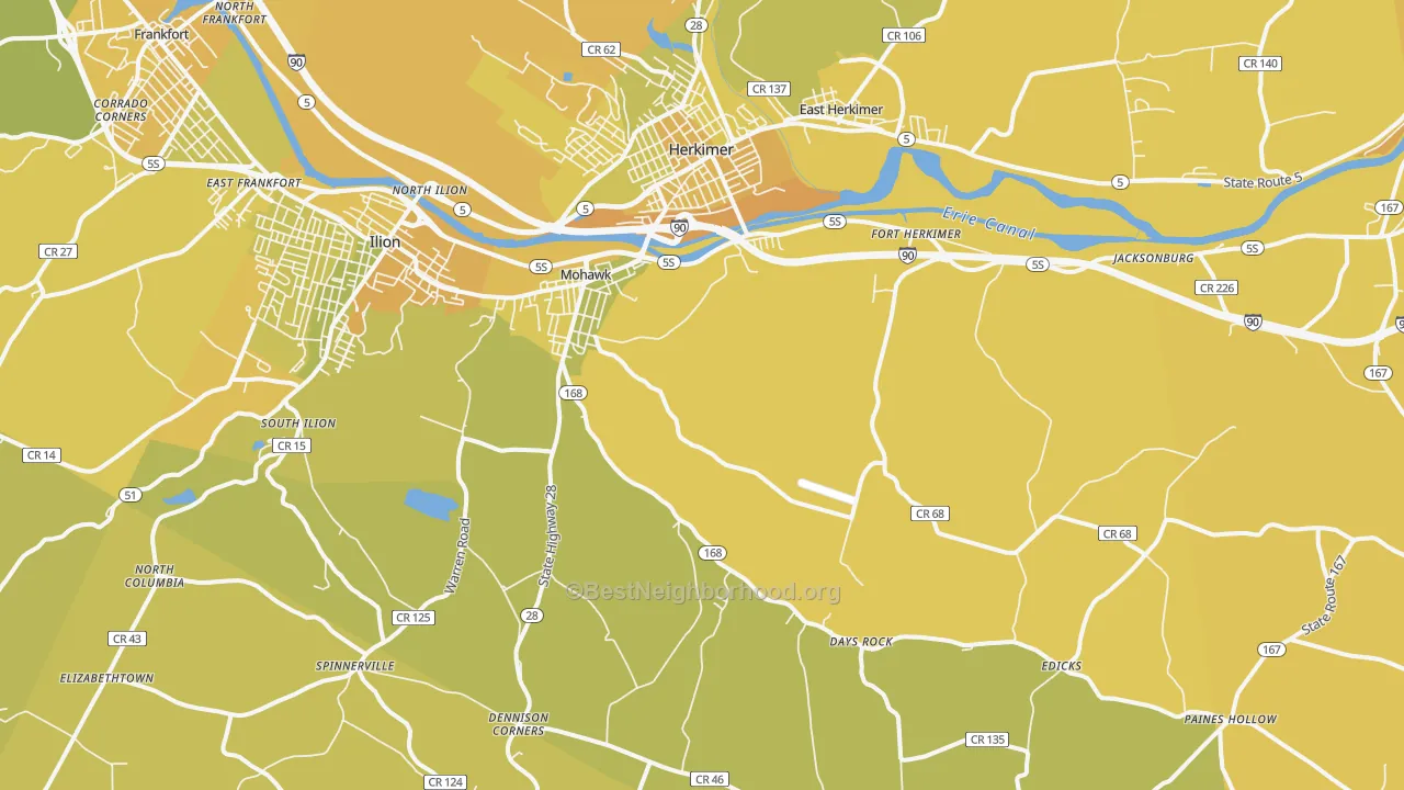 Map of the best neighborhoods in the Mohawk area, with better matches in green and worse matches in red