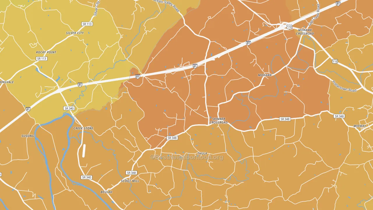 Map of the best neighborhoods in the Mohawk area, with better matches in green and worse matches in red