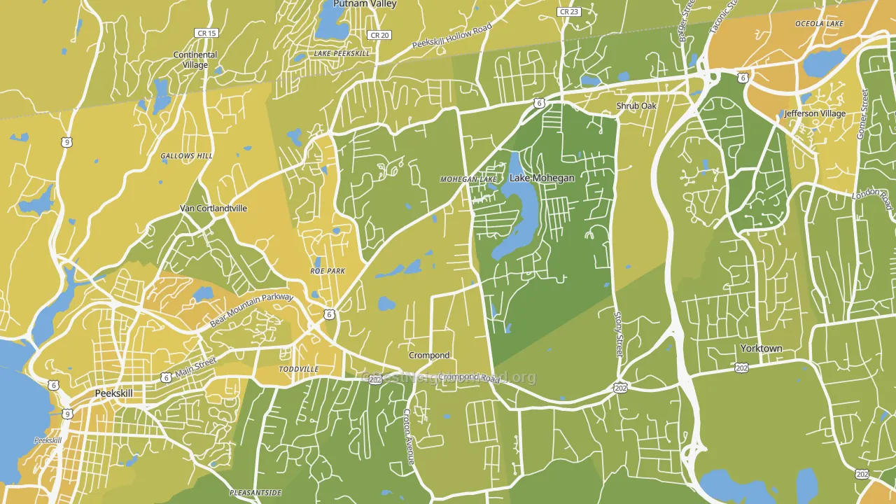 Map of the best neighborhoods in the Mohegan Lake area, with better matches in green and worse matches in red