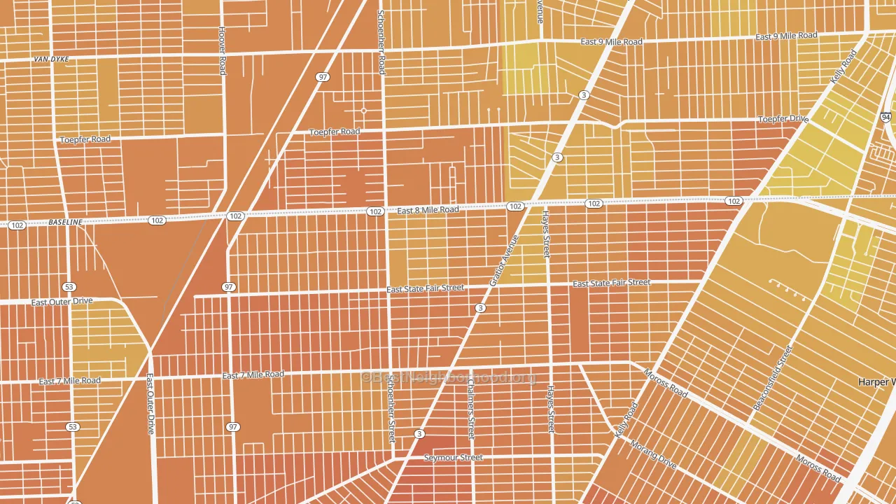 Map of the best neighborhoods in the Mohican Regent, Detroit area, with better matches in green and worse matches in red