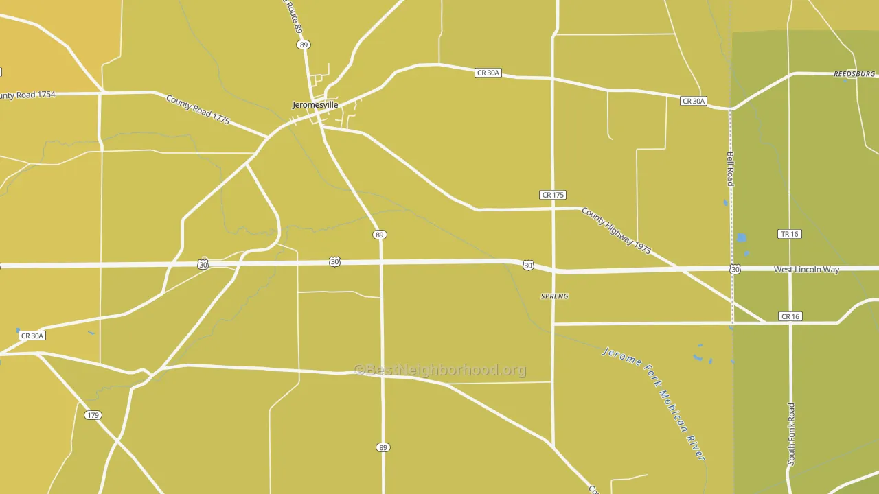 Map of the best neighborhoods in the Mohicanville area, with better matches in green and worse matches in red