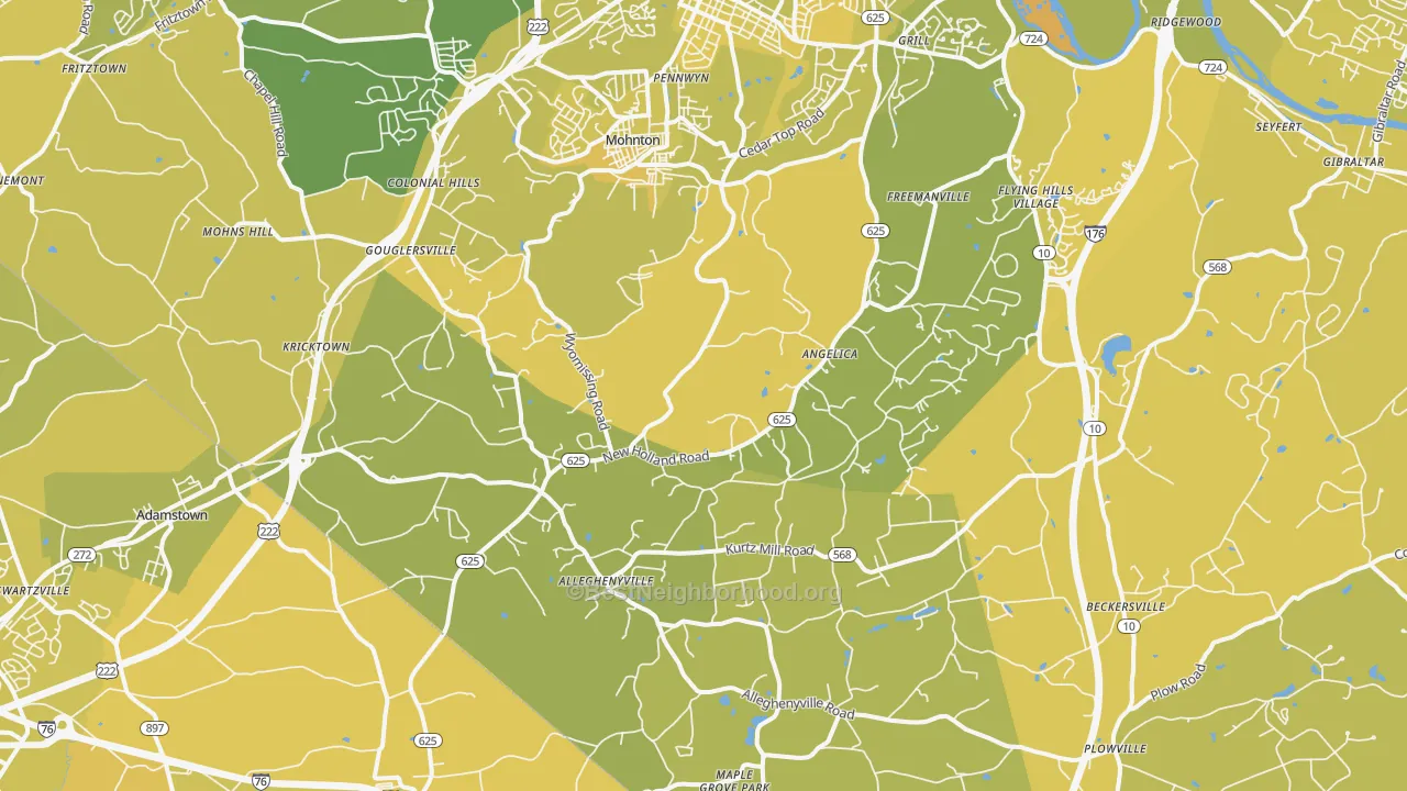 Map of the best neighborhoods in the Mohnton area, with better matches in green and worse matches in red