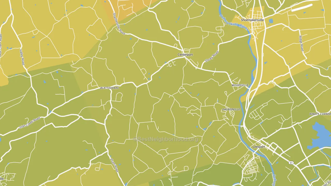 Map of the best neighborhoods in the Mohrsville area, with better matches in green and worse matches in red