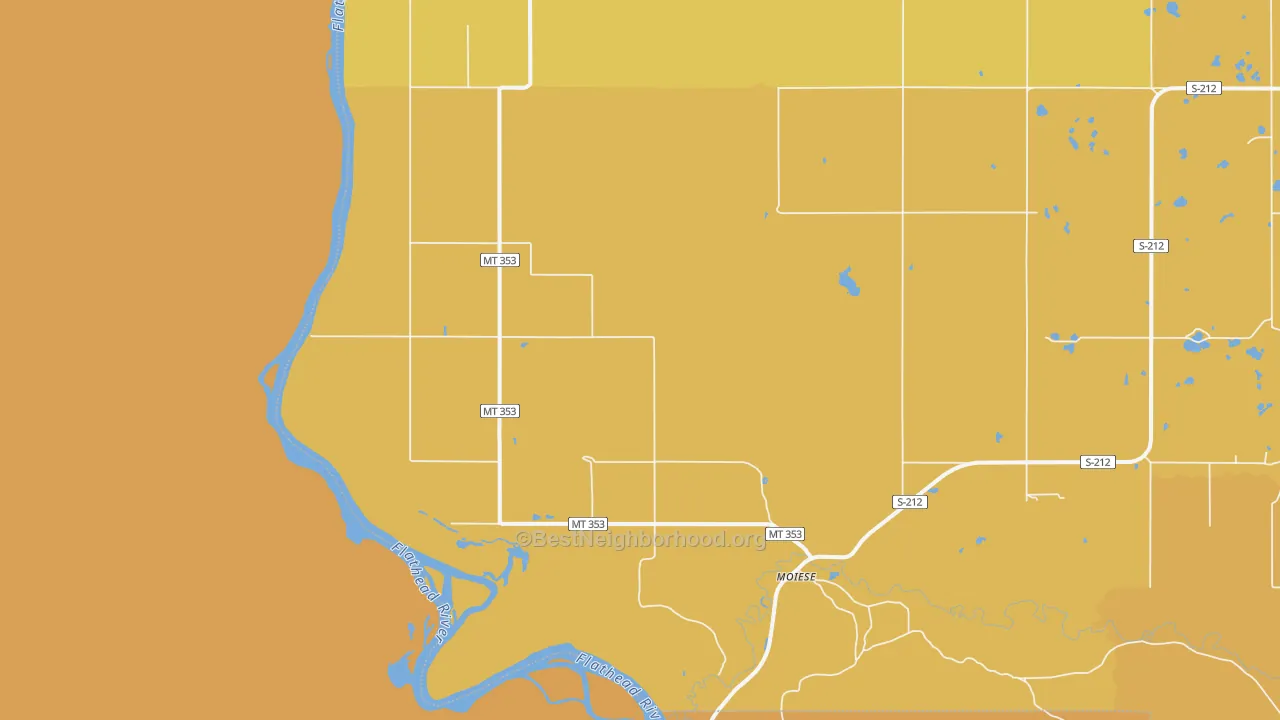 Map of the best neighborhoods in the Moiese area, with better matches in green and worse matches in red