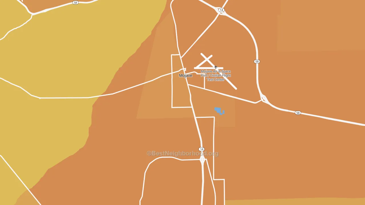 Map of the best neighborhoods in the Mojave area, with better matches in green and worse matches in red