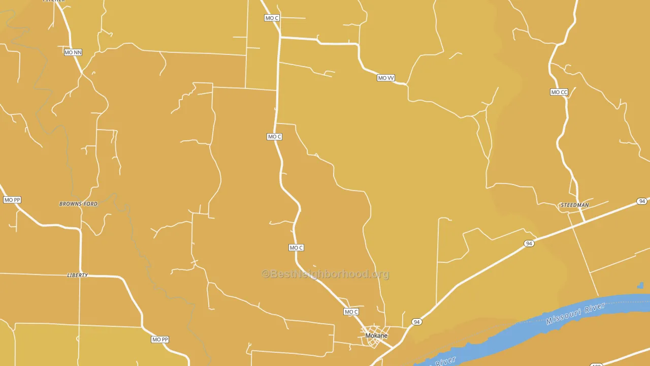 Map of the best neighborhoods in the Mokane area, with better matches in green and worse matches in red