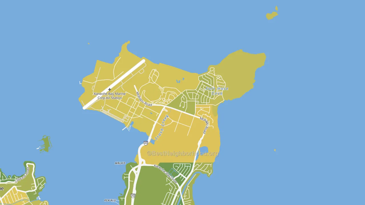 Map of the best neighborhoods in the Mokapu, Kaneohe Station area, with better matches in green and worse matches in red