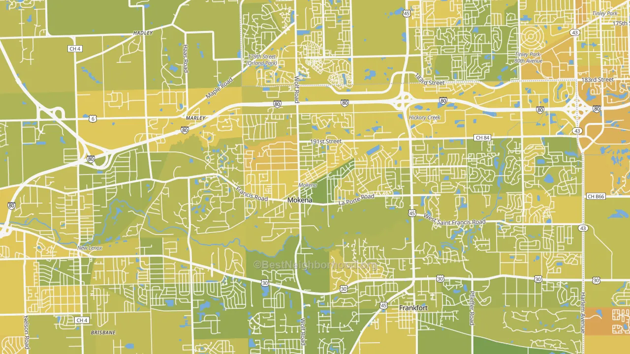 Map of the best neighborhoods in the Mokena area, with better matches in green and worse matches in red