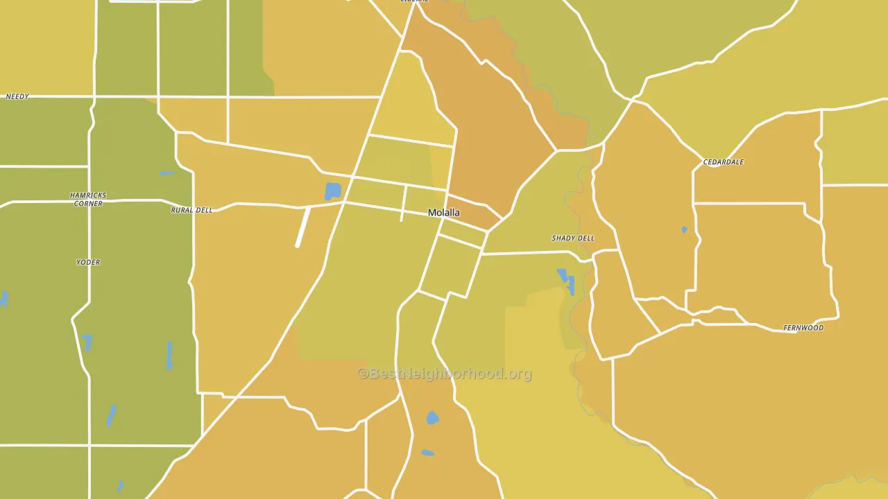 Map of the best neighborhoods in the Molalla area, with better matches in green and worse matches in red