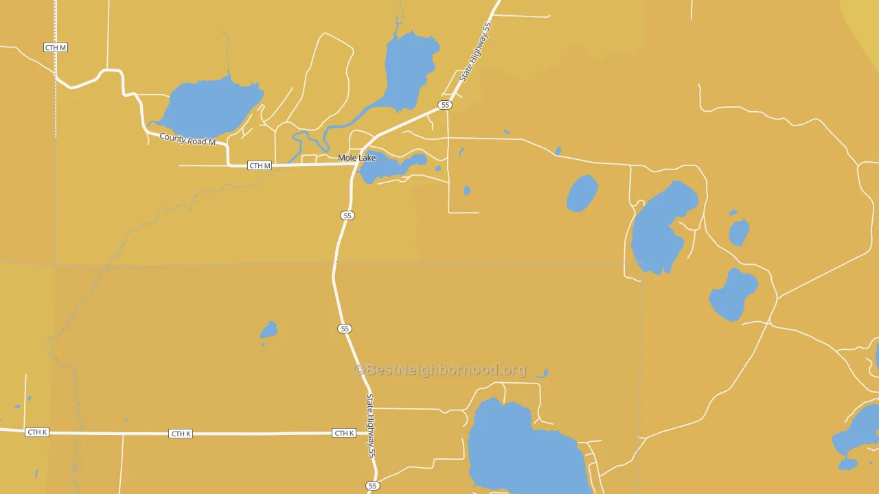 Map of the best neighborhoods in the Mole Lake area, with better matches in green and worse matches in red